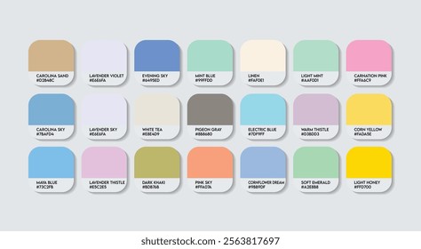 Pastel Color Palette in RGB HEX, Catalog Samples of Boring colors Vector, Low triad Color Guide Palette with Color Names. Color Palette Vector, Children Colors Palette, Fashion Trend Pastel Colors