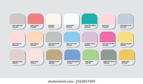 Pastel Color Palette in RGB HEX, Catalog Samples of Boring colors Vector, Low triad Color Guide Palette with Color Names. Color Palette Vector, Children Colors Palette, Fashion Trend Pastel Colors