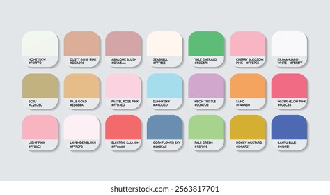 Pastel Color Palette in RGB HEX, Catalog Samples of Boring colors Vector, Low triad Color Guide Palette with Color Names. Color Palette Vector, Children Colors Palette, Fashion Trend Pastel Colors