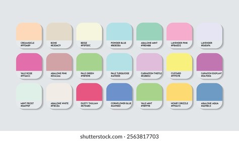 Pastel Color Palette in RGB HEX, Catalog Samples of Boring colors Vector, Low triad Color Guide Palette with Color Names. Color Palette Vector, Children Colors Palette, Fashion Trend Pastel Colors