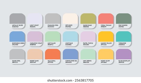 Pastel Color Palette in RGB HEX, Catalog Samples of Boring colors Vector, Low triad Color Guide Palette with Color Names. Color Palette Vector, Children Colors Palette, Fashion Trend Pastel Colors