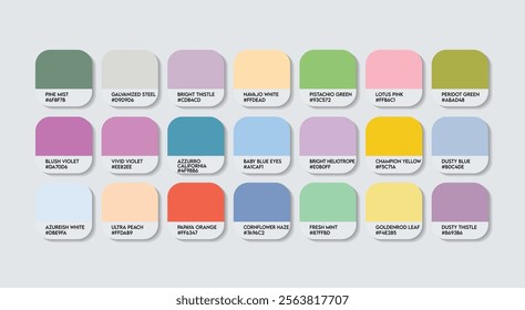 Pastel Color Palette in RGB HEX, Catalog Samples of Boring colors Vector, Low triad Color Guide Palette with Color Names. Color Palette Vector, Children Colors Palette, Fashion Trend Pastel Colors