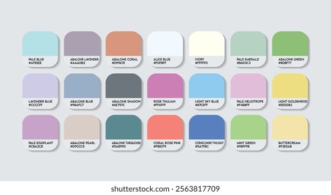 Pastel Color Palette in RGB HEX, Catalog Samples of Boring colors Vector, Low triad Color Guide Palette with Color Names. Color Palette Vector, Children Colors Palette, Fashion Trend Pastel Colors