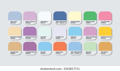 Pastel Color Palette in RGB HEX, Catalog Samples of Boring colors Vector, Low triad Color Guide Palette with Color Names. Color Palette Vector, Children Colors Palette, Fashion Trend Pastel Colors