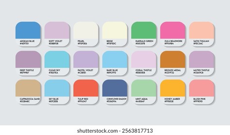 Pastel Color Palette in RGB HEX, Catalog Samples of Boring colors Vector, Low triad Color Guide Palette with Color Names. Color Palette Vector, Children Colors Palette, Fashion Trend Pastel Colors