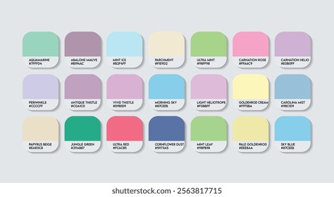 Pastel Color Palette in RGB HEX, Catalog Samples of Boring colors Vector, Low triad Color Guide Palette with Color Names. Color Palette Vector, Children Colors Palette, Fashion Trend Pastel Colors