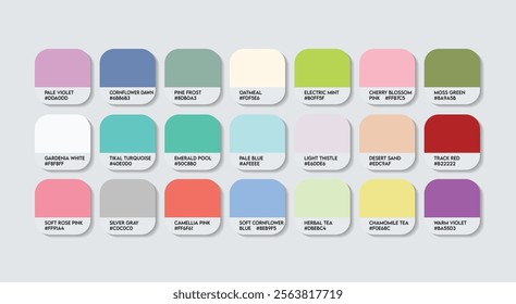 Pastel Color Palette in RGB HEX, Catalog Samples of Boring colors Vector, Low triad Color Guide Palette with Color Names. Color Palette Vector, Children Colors Palette, Fashion Trend Pastel Colors