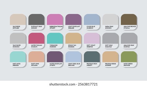 Pastel Color Palette in RGB HEX, Catalog Samples of Boring colors Vector, Low triad Color Guide Palette with Color Names. Color Palette Vector, Children Colors Palette, Fashion Trend Pastel Colors