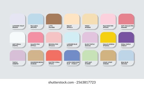 Pastel Color Palette in RGB HEX, Catalog Samples of Boring colors Vector, Low triad Color Guide Palette with Color Names. Color Palette Vector, Children Colors Palette, Fashion Trend Pastel Colors