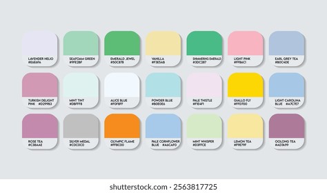 Pastel Color Palette in RGB HEX, Catalog Samples of Boring colors Vector, Low triad Color Guide Palette with Color Names. Color Palette Vector, Children Colors Palette, Fashion Trend Pastel Colors