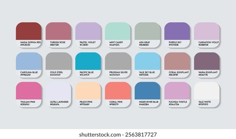 Pastel Color Palette in RGB HEX, Catalog Samples of Boring colors Vector, Low triad Color Guide Palette with Color Names. Color Palette Vector, Children Colors Palette, Fashion Trend Pastel Colors