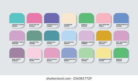 Pastel Color Palette in RGB HEX, Catalog Samples of Boring colors Vector, Low triad Color Guide Palette with Color Names. Color Palette Vector, Children Colors Palette, Fashion Trend Pastel Colors