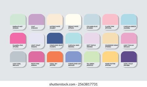 Pastel Color Palette in RGB HEX, Catalog Samples of Boring colors Vector, Low triad Color Guide Palette with Color Names. Color Palette Vector, Children Colors Palette, Fashion Trend Pastel Colors