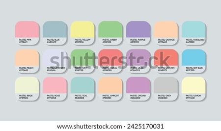 Pastel Color Palette in RGB HEX, Catalog Samples of Pastel Colors Vector, Pastel Color Guide Palette with Color Names. Color Palette Vector, Pastal Colors Palette, Fashion Trend Pastel Colors switche