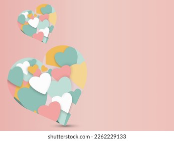 Pastel Color Paper Tiny Hearts Inside Heart Shapes On Pink Background And Copy Space. Valentine's Day Concept.