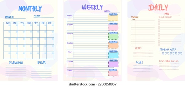 el conjunto de planeamiento en color pastel consta de forma diaria|, semanal y mensual