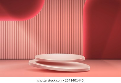 Pastel color podium with neon vertical lines background. Abstract minimal scene for mockup presentation, cosmetic products, stage showcase, promotion display.