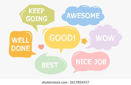 Pastel color positive words reward sticker for achievement with crayon style bubbles