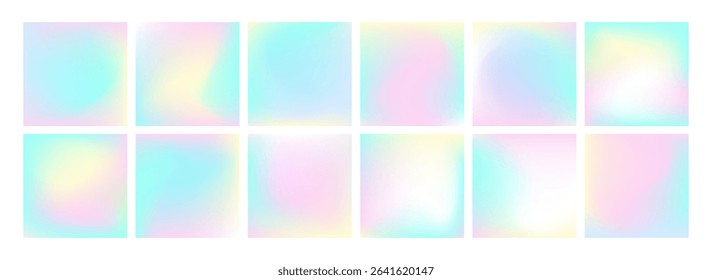 Pastel color Pride Month gradients. Pink iridescent glowing square backgrounds. Vector y2k kids aesthetic backdrop in soft light magenta violet pastel colors. Summer party social media post templates