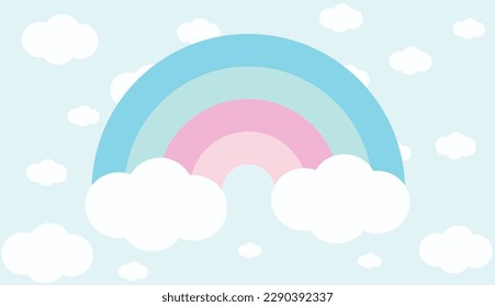 Arcoiris de color pastel con nubes, cielo, dibujos animados, iluminación de vectores meteorológicos