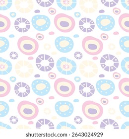 Pastel color round geometric on a white background. Seamless pattern for clothing, fabric, wallpaper, backdrop, home decoration, cover book, and wall art. Vintage style. 