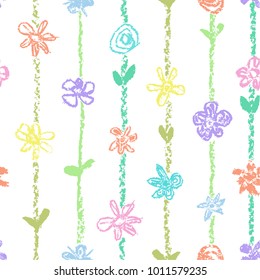 Pastel color seamless pattern with flowers and stroke stripes. Wax crayon like kid`s drawn. Hand drawn art vector background. Like child`s painting pastel chalk design summer meadow.