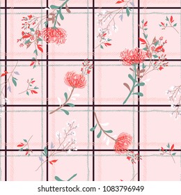 Pastel color seamless pattern spring branch delicate and beautiful wild blooming flowers vector pattern with dark check or grid check for fashion ,wallpaper ,book ETC