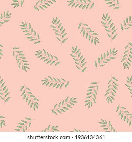 Pastel Color Seamless Vector Patterns. Light Green Leaves on a Pink Background. 