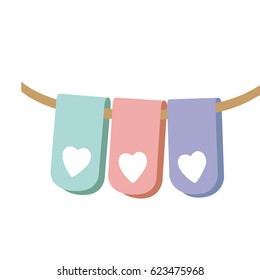 pastel color silhouette set flag in a rope for decoration with heart shape inside vector illustration