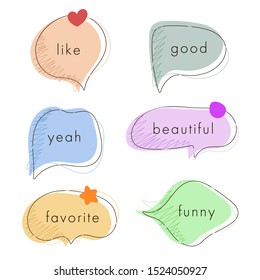 Color pastel burbujas de habla simples. Coloridas burbujas de habla de doodle. Ventanas de diálogo con frases: sí, como, bueno, favorito, divertido, hermoso
