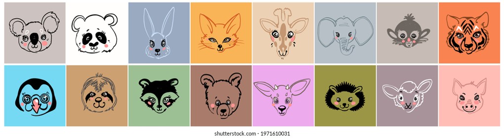 Pastel color sketch animals portrait. Cartoon vector illustration. Vector hand drawing. Giraffe, sheep, pig, sloth, panda, penguin, bear, monkey, elephant, hedgehog, koala, raccoon, deer, fox, tiger.