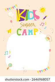 Pastel color summer camp poster for kids featuring fun icons and blank white area for text or message ideal for school event or invitation template