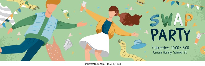 Pastel color swap party concept banner. A girl and a young man dance surrounded by hand-drawn clothes in a flat modern style. Poster about the ecological way of life. Cute cartoon vector illustration.