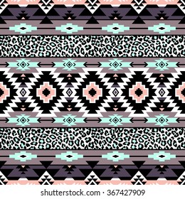 pastel color tribal Navajo seamless pattern with leopard skin texture. aztec abstract geometric vector art print. ethnic hipster backdrop. Wallpaper, cloth design, fabric, paper, wrapping, textile.