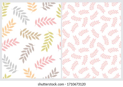 Pastel Color Twigs Seamless Vector Patterns. Light Pink Leaves Isolated on a White Background. Floral Repeatable Pattern. Pink, Green, Gray and Brown Abstract Leaves on a White Layout.