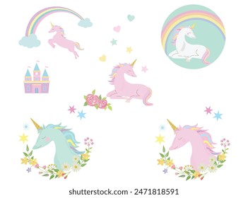 Pastel color unicorn frame set. 