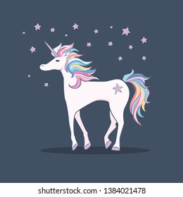 Pastel color Unicorn. With Stars Magical animal Poster in doodle style