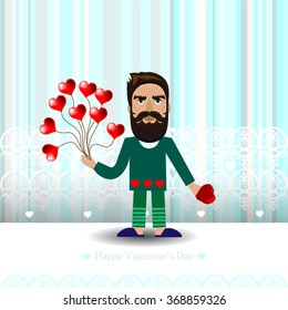 Pastel color vector graphic illustration of Valentine day love holiday with symbol of beautiful heart shape with man on light background