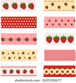 Pastel Color Washi Tape With Strawberry Pattern Vector Collection