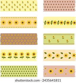 Pastel Color Washi Tape With Sunflower Pattern Vector Collection