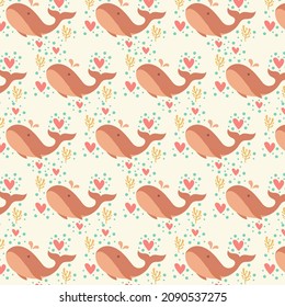 Pastel color whale seamless pattern. Good for printing on fabric, kid's cloth, linen, fabric, postcard, wallpaper background.