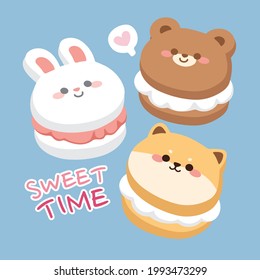 Pastel color.Cute face animals macaron cartoon on blue background.Sweet time text.Graphic design.Sticker.Image for kid.Kawaii dessert.Isolated.Vector.Illustration.Illustrator.