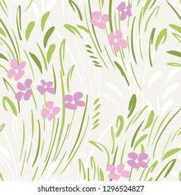 Pastel Colored abstract ditsy gestural floral vector seamless pattern. Spring blooms, foliage.