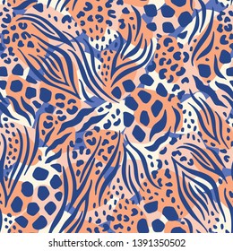 Pastel Colored Abstract Hand Drawn Combined Animal Skin Vector Seamless Pattern. Blue and Pink Fur. Trendy Fashion Print