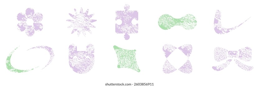 Pastel colored abstract shapes set with grungy noise texture - flowers, bow, puzzle, frames, brush strokes. Cute girly design elements, 90s style vector stickers, stamps. Retro y2k aesthetic pack.