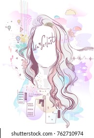 Pastel Colored Abstract Vector Portrait Illustration of a Wanderlust Woman with Long Hair, Skyscrapers Reflection and Festive Background of Hot Air Balloons, Stars, Clouds, Rain, Footprints and Eyes