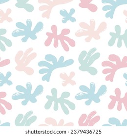 Pastel colored algae silhouettes seamless pattern in Matisse style. Brush drawn contemporary minimalist organic shapes. Trendy seamless pattern with corals and algae. Abstract leaves shapes.