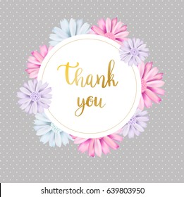 Pastel colored aster or chrysanthemum flowers in vector. Stylish elegant thank you card. Vintage floral circle frame