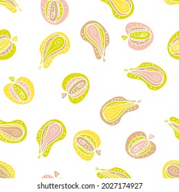 Pastel colored autumn seamless pattern with abstract apples and pears. Perfect for T-shirt, textile and prints. Hand drawn vector illustration for decor and design.