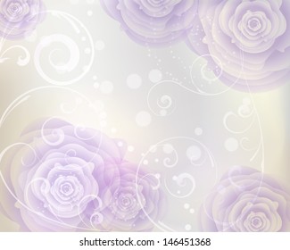 Pastel colored background with purple roses and floral swirls
